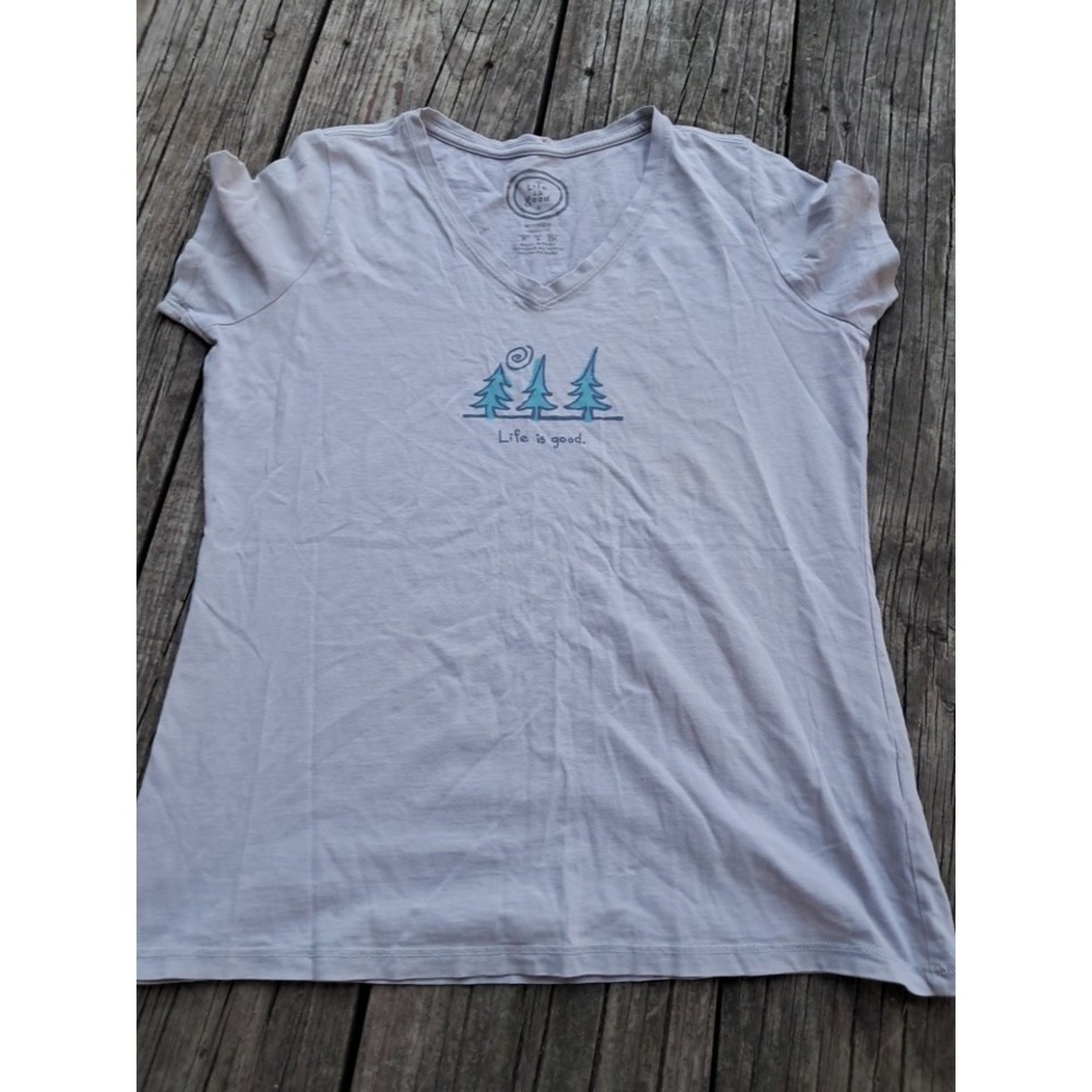 Life Is Good Womens Large Hiking V-neck T-shirt Crusher Classic Light Blue EUC